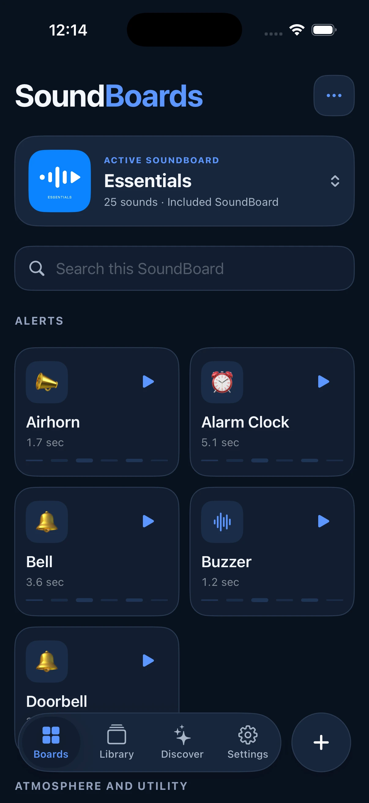 SoundBoards app screen with an active Essentials board, search, organized alert sounds, and playback buttons